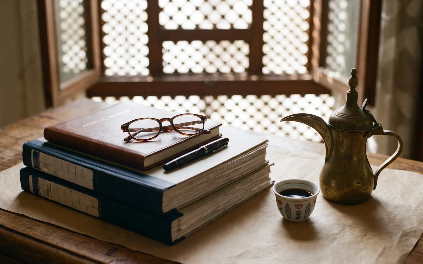 An editorial reading desk in a quiet Jeddah study, printed reports in considered light