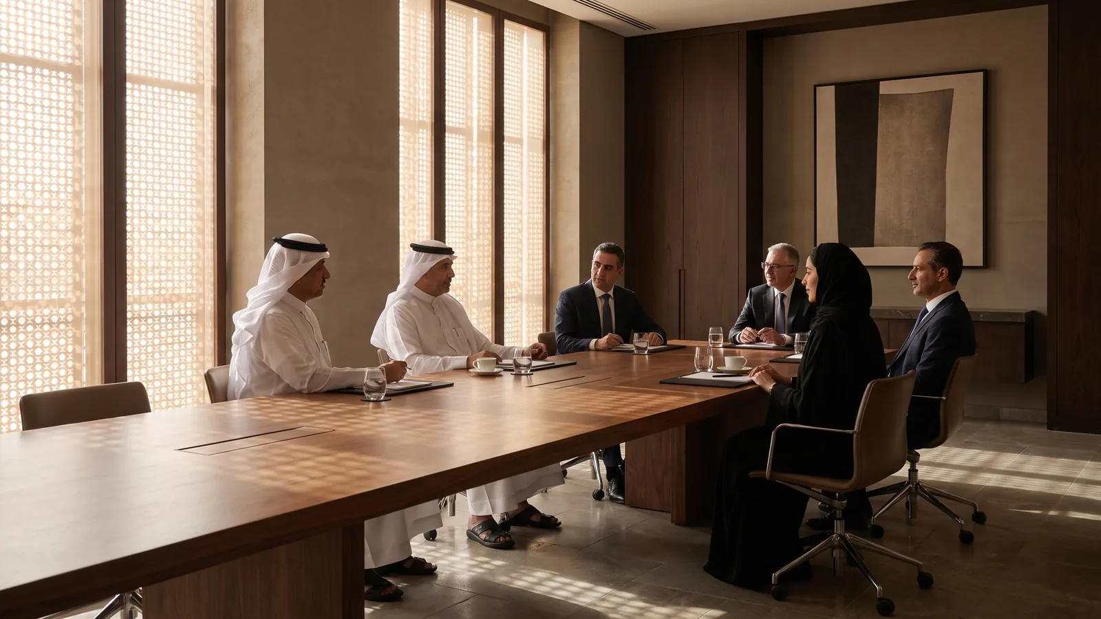 Senior leaders reviewing the numbers in a calm Jeddah boardroom