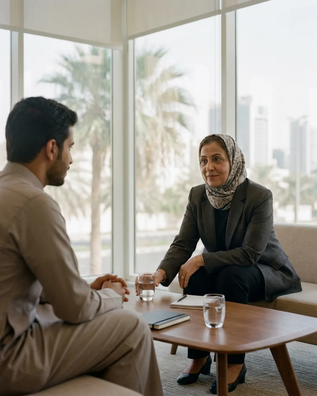 A senior CHRO reviewing the work in a calm Jeddah boardroom