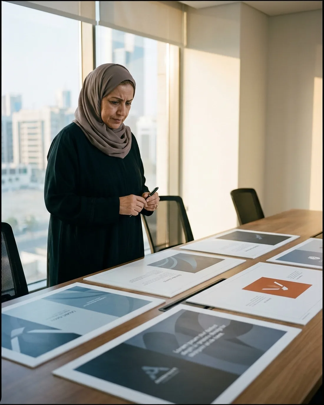 A senior CMO reviewing the work in a calm Jeddah boardroom