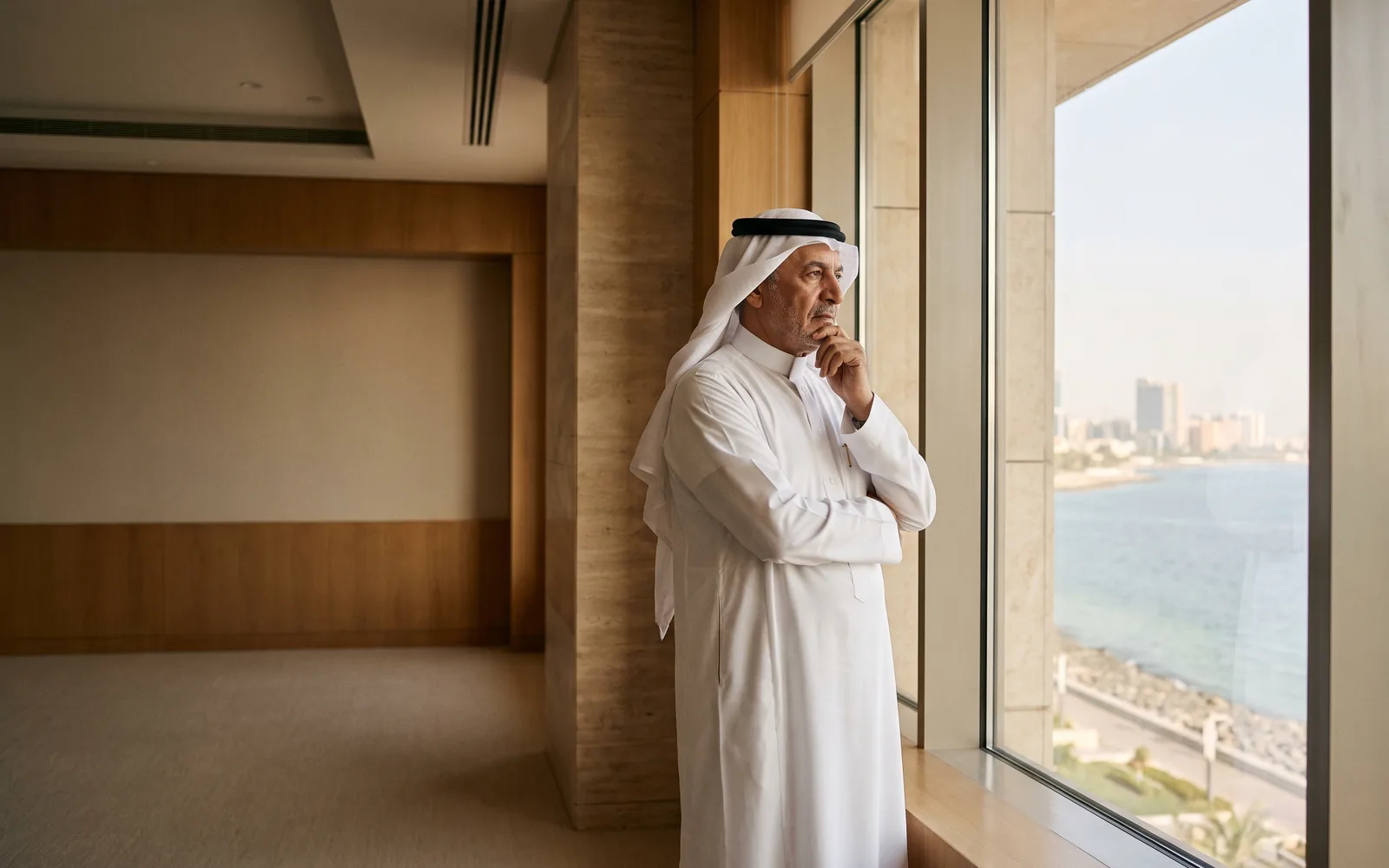 A senior executive looking out over the Jeddah skyline