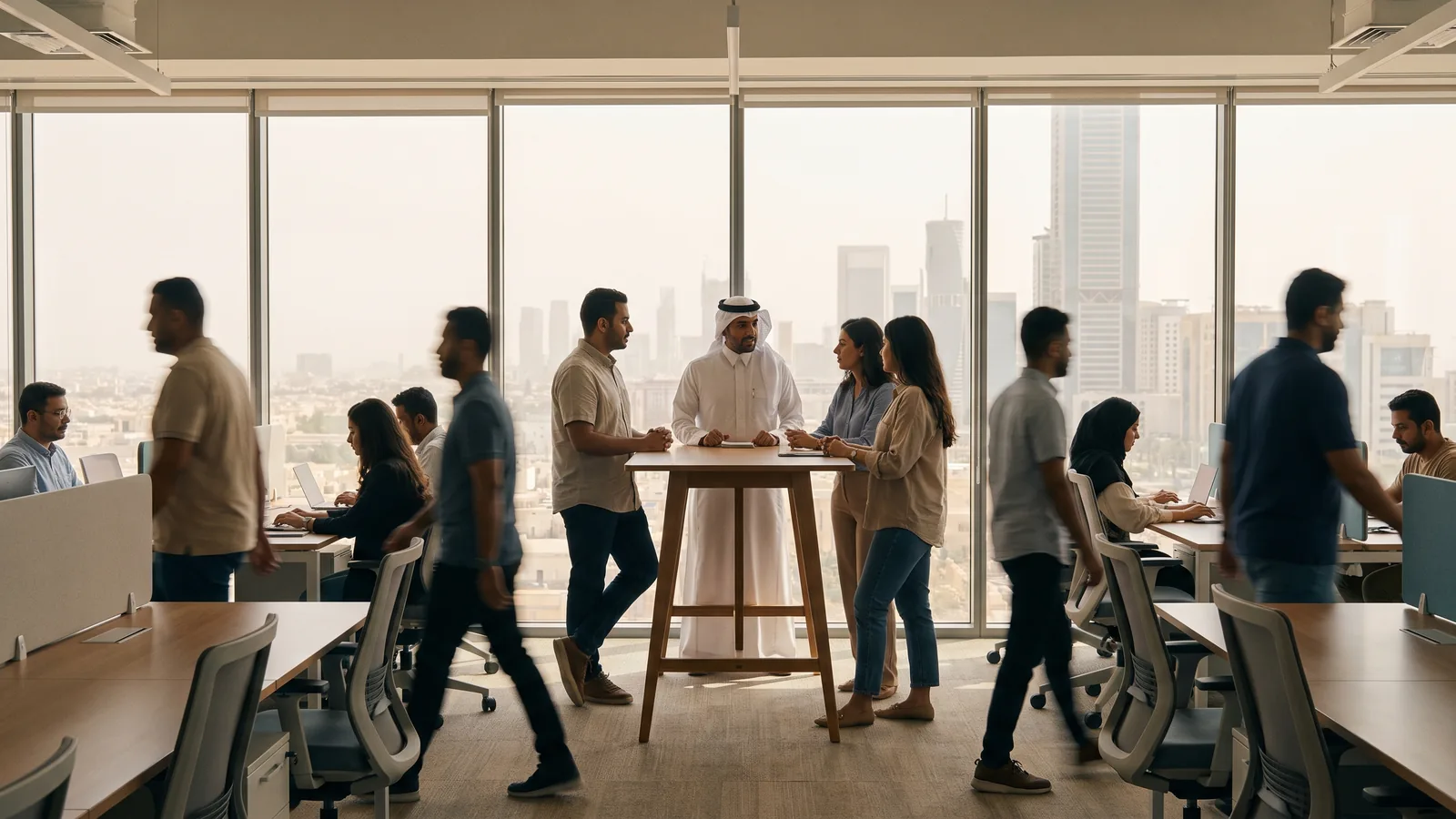 A senior executive with quiet authority in a modern boardroom in Jeddah