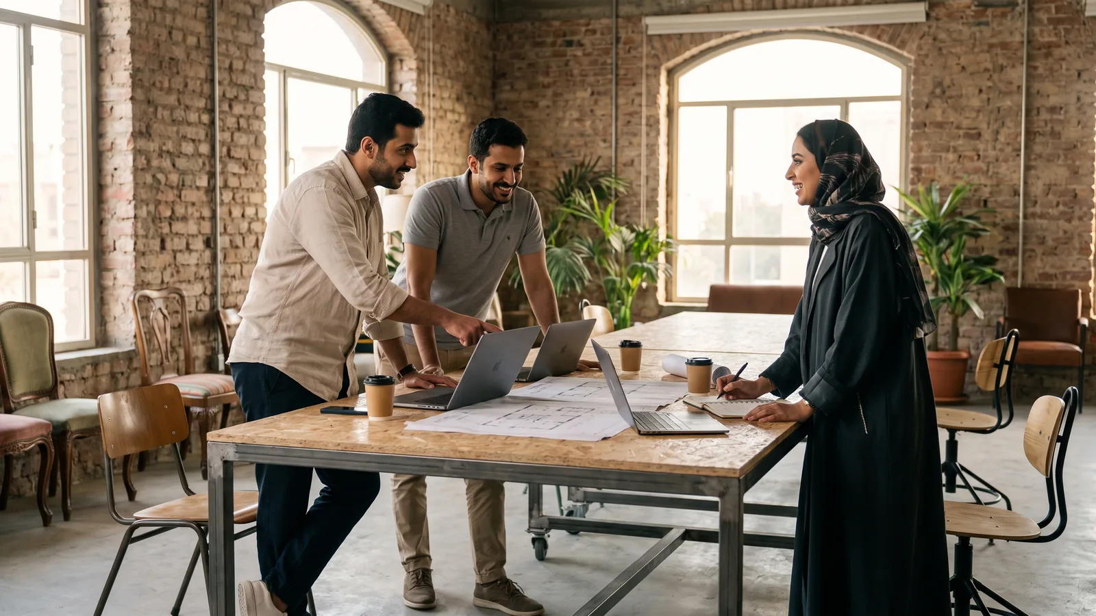 A founder and a senior executive reviewing work together in a bright workspace in Jeddah