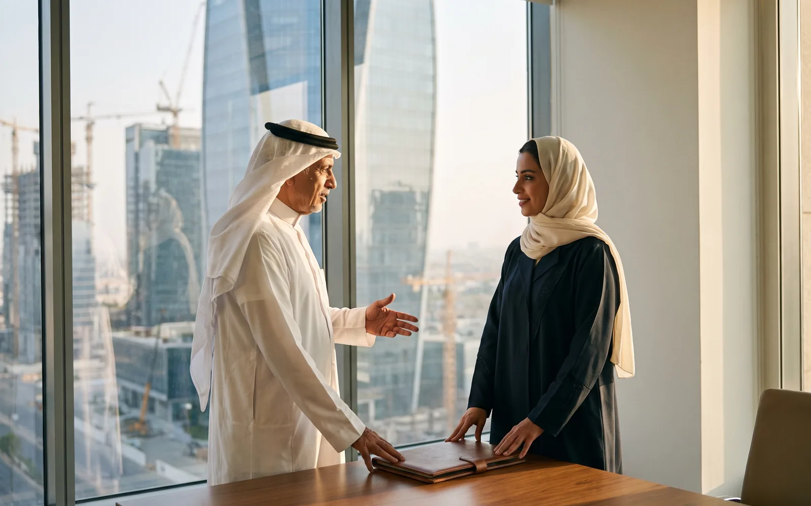 A senior executive in a calm, light-filled Jeddah office, the business district beyond the glass